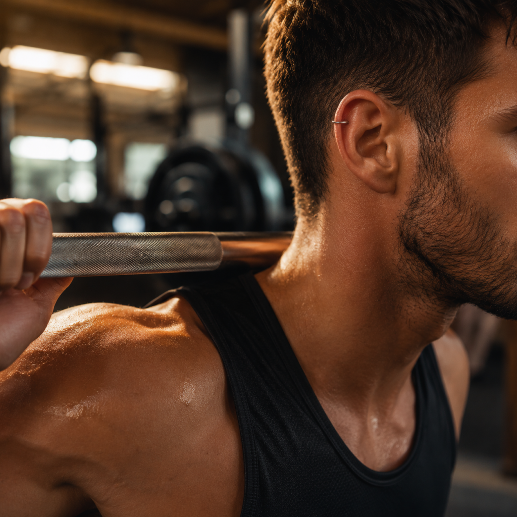 Homme en musculation avec piercing hélix —
sport et piercing compatibles